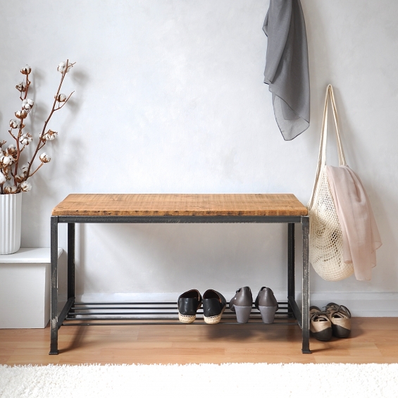 Reclaimed Wood And Steel Shoe Rack/Bench