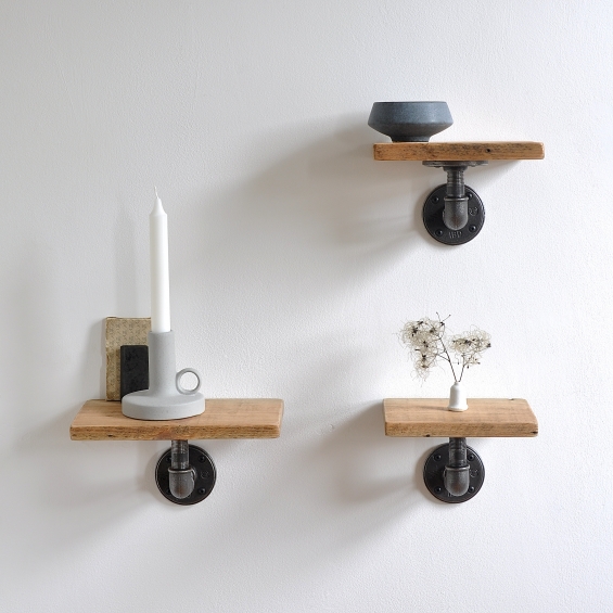Set Of Three Reclaimed Wood Pipe Shelves
