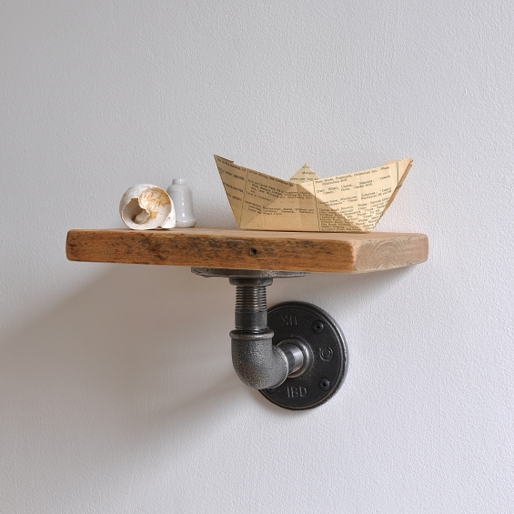 Set Of Three Reclaimed Wood Pipe Shelves