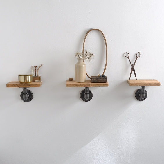 Set Of Three Reclaimed Wood Pipe Shelves