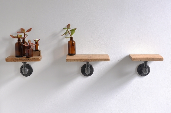 Set Of Three Reclaimed Wood Pipe Shelves