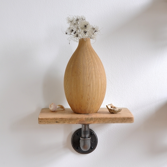 Set Of Three Reclaimed Wood Pipe Shelves