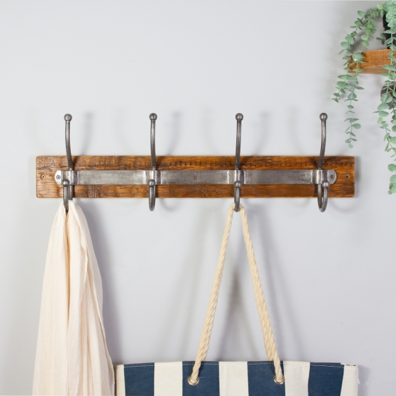 Reclaimed Wooden Coat Rack With Metal Hooks