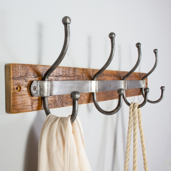 Reclaimed Wooden Coat Rack With Metal Hooks